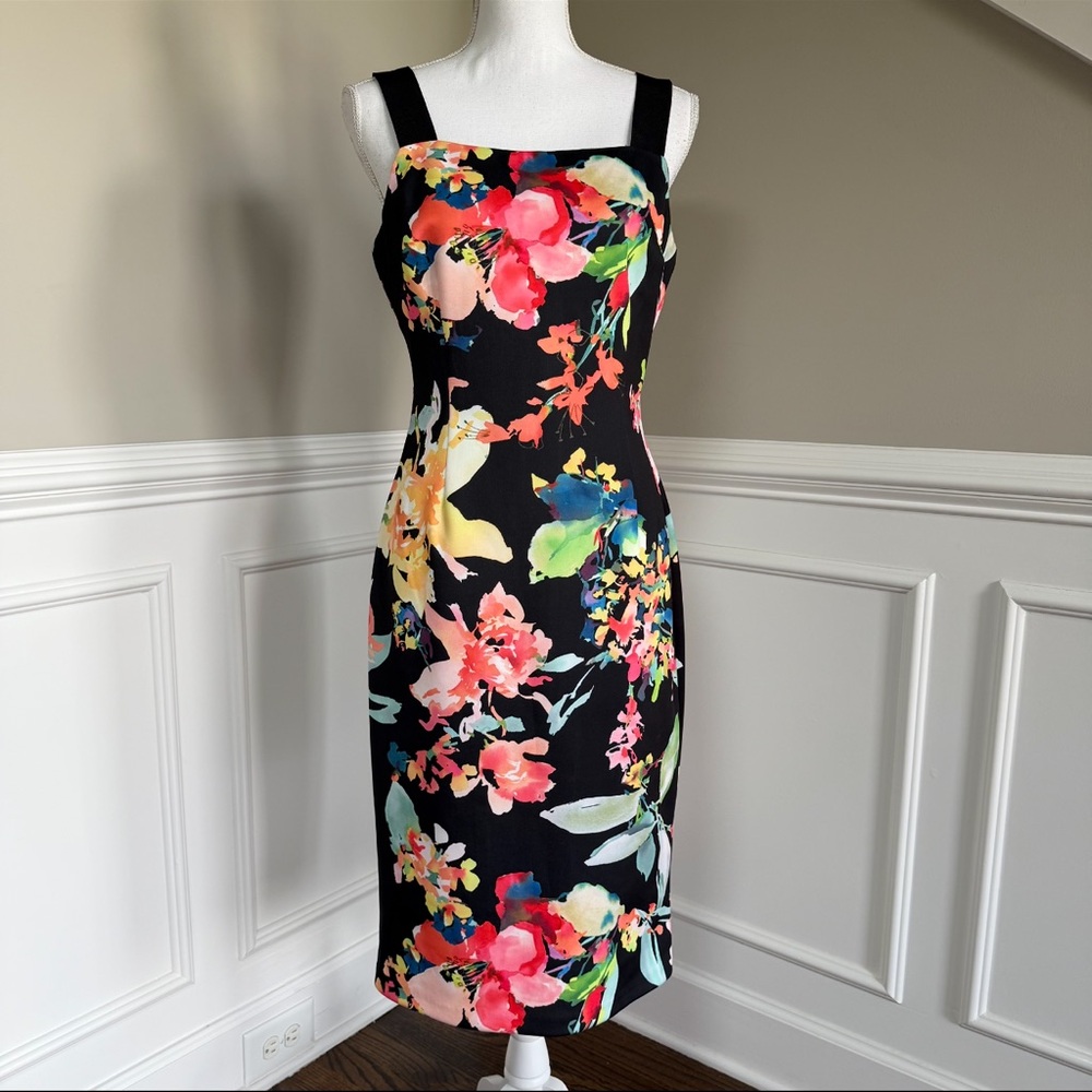 Adrianna Papell Watercolor Floral Black Midi Dress Size 6